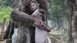 A dark-skinned elf is being penetrated by a massive troll cock