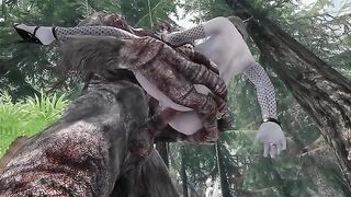 A dark-skinned elf is being penetrated by a massive troll cock
