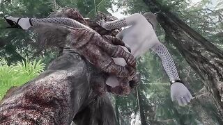 A dark-skinned elf is being penetrated by a massive troll cock