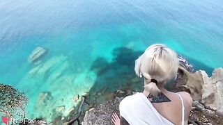 The cute girl passionately sucks the big dick of her ex-boyfriend on the ocean shore
