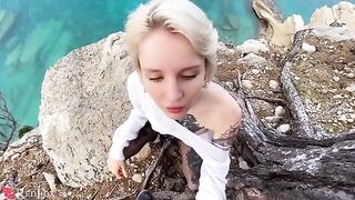 The cute girl passionately sucks the big dick of her ex-boyfriend on the ocean shore