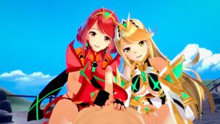 Mythra and Pyra are having a threesome fun time with a lucky guy
