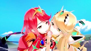 Mythra and Pyra are having a threesome fun time with a lucky guy