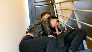 A hot couple has sex on the stairs of their last floor apartment