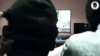 A girl plays a crazy deepthroat game while wearing a balaclava mask, showcasing intense oral skills