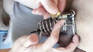 Femdom milking with chastity e-stim and a huge load after 12 days
