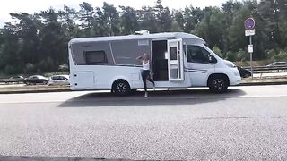 Public sex on the A1 motorway in wet look leggings