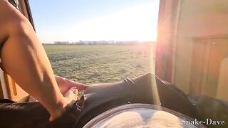 Sex in the car with a door open on the road in the camper