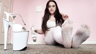 Foot-fetish fun with dirty white tights and pleaser heels worship