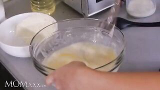 The stepson punished the lesbo stepsis and mom in the kitchen for eating pussy