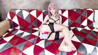 A petite teen, Lina Moore, masturbates with a big dildo and it overflows