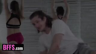 A yoga enthusiast is having fun with his coach and classmates