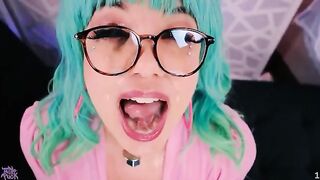 Sticky jizz all over the face of Little Puck, the cum-loving queen