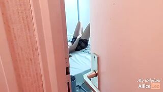 I spy on my stepsister while she rubs her pussy. I offered her my cock and she accepted!