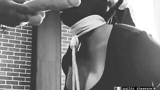 BDSM sex with a bound slave who gets a big dildo in their mouth and smelly pussy