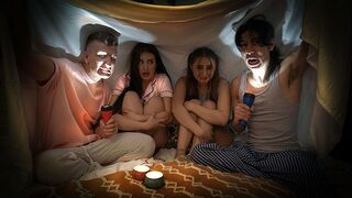 Two naughty boys scared Aubrey and Penelope, then fucked them hard