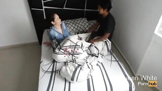 A young woman has sex in the room of her friends