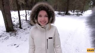 Babe got a cumshot on her face for protection from the cold in winter