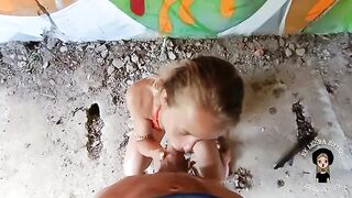 A chick is fucking with a guy in the abandoned building, no condom