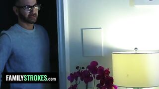 The stepdaughter, a playful teen with a penchant for pleasure, satisfies her stepdad while her stepmom is in the same room