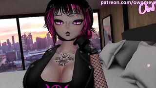 A girl in a black dress is fucking with the guy in VR
