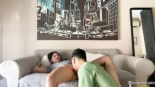 My stepsister and I stayed home alone, so we had sex on the sofa