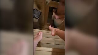 This fat bald guy masturbates in sauna... I went there and sucked him off until he came