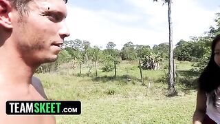 Ebony chick Adrian Maya gets fucked by a worker in the garden