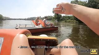 A chubby girl is being fucked by a hunter in the forest for money