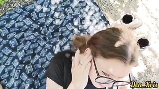 A cute girl got a lot of warm sperm on her face and hair