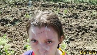 A cute girl got a lot of warm sperm on her face and hair