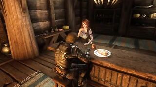 Ysolda seduces a traveler who passes by her tavern in Skyrim