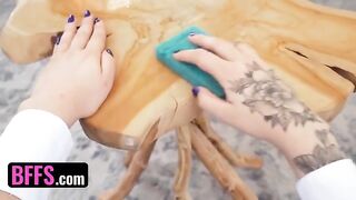 Four sexy sugar babes in maid uniforms, sharing a big cock and cumshots