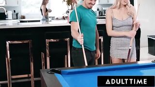 Roommates Paige Owens and Kay Lovely use a stud as a plaything in a steamy pool scene