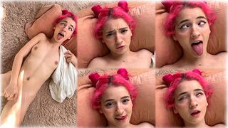 The cute girl plays with her small pussy, showcasing her petite charm in a solo performance