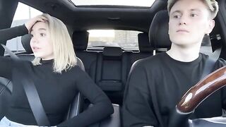 A short-haired beauty pays for the taxi ride with her mouth