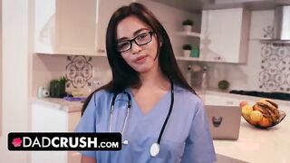 A cute nurse stepdaughter tests her stepdad’s endurance in a taboo roleplay scenario