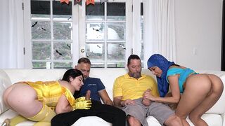 Two young girls in sexy costumes seduced their stepdads to fuck them both