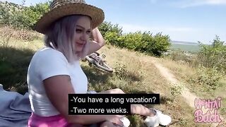 A hot girl is having fun with a stranger in an outdoor setting