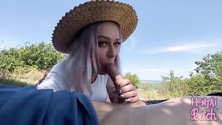 A hot girl is having fun with a stranger in an outdoor setting