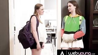 Horny teen Hazel Moore eats her bestie Samantha Reigns' pussy in classroom