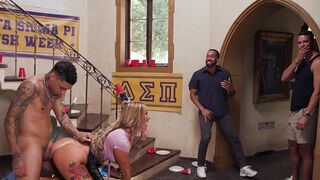 Busty housekeeper gets fucked hard by a group of horny college guys in a wild scene