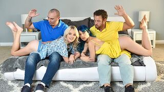 Cute girls get spanked and fucked by strict stepdads in a taboo roleplay