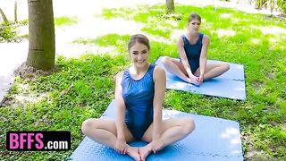 Gymnast girl Katie Kush is stretching with her boyfriend’s cock, alongside Kenzie Madison