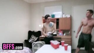 Two college roommates fuck with hot girls in a steamy orgy