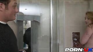 Harmony Reigns, thick and busty Brit, takes stepdad's cock after shower