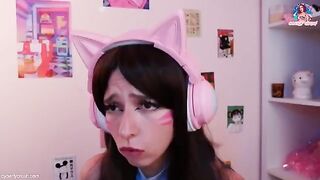Overwatch cosplay with a sexy gamer girl, Dva, riding a big dildo