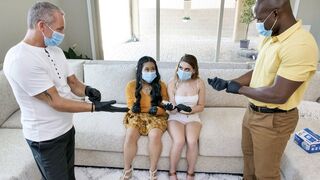 Two step daughters get their pussies washed and fucked by two mature men