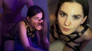 A hot brunette girl in a harness saddles my cock and jumps on it