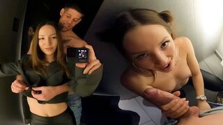 A couple has a risky sex session in the dressing room of a shop
